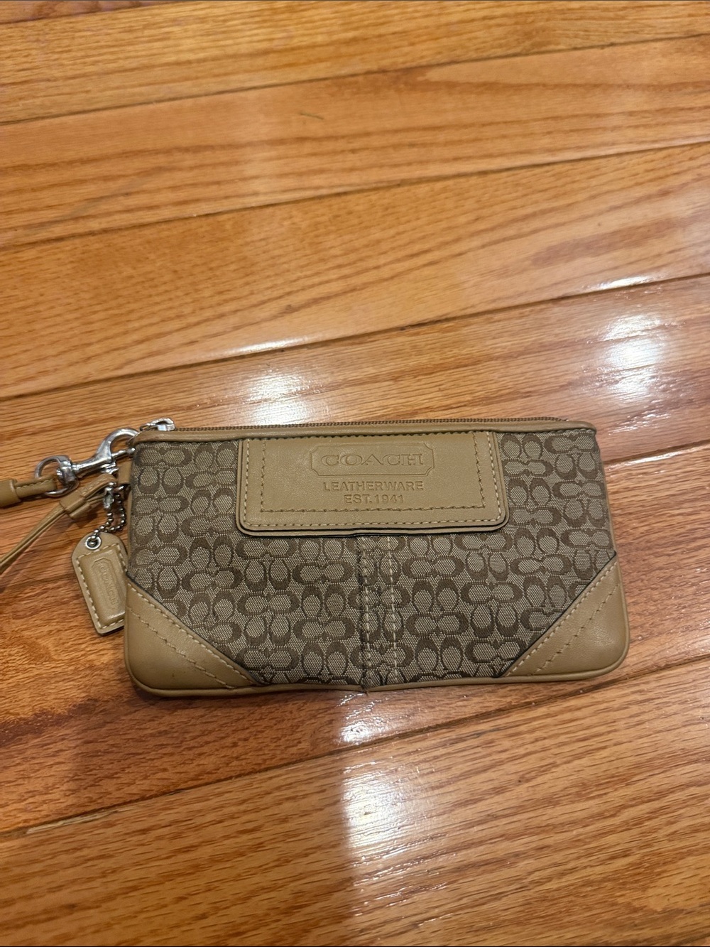 Coach Brown Signature Canvas Wristlet with Leather Trim